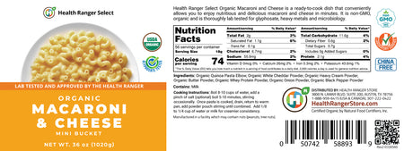 The Health Ranger's Organic Wheat-Free Macaroni & Cheese with NO Added Salt (Mini-Bucket) 36 oz (1020 g)